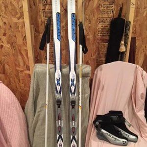 Cross-country ski boots, skis, and poles